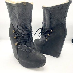 Koolaburra Elise Shearling Boots Black Leather Nubuck Laces Covered Wedge 7